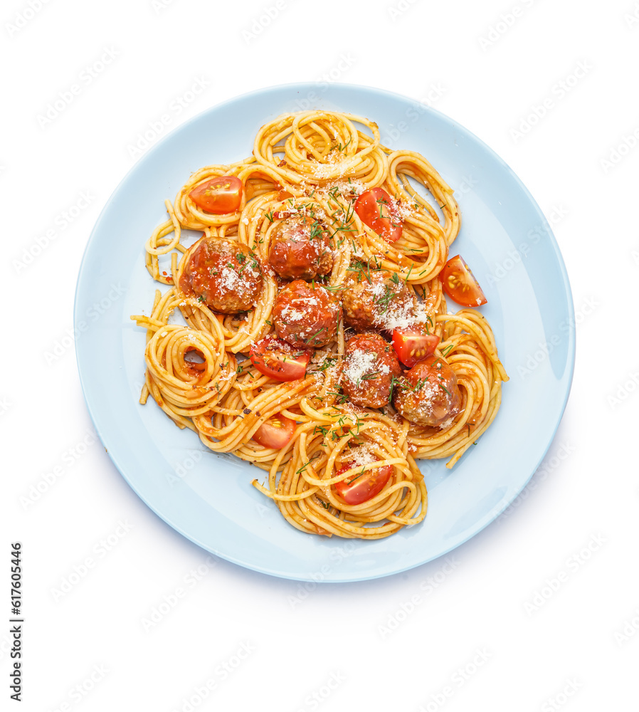 Plate of boiled pasta with tomato sauce and meat balls on white background