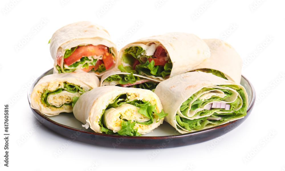 Plate of tasty lavash rolls with vegetables and egg isolated on white background