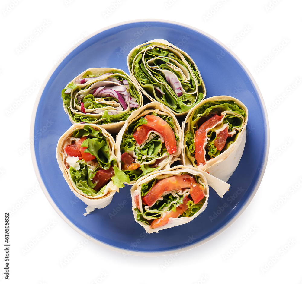 Plate of tasty lavash rolls with vegetables isolated on white background