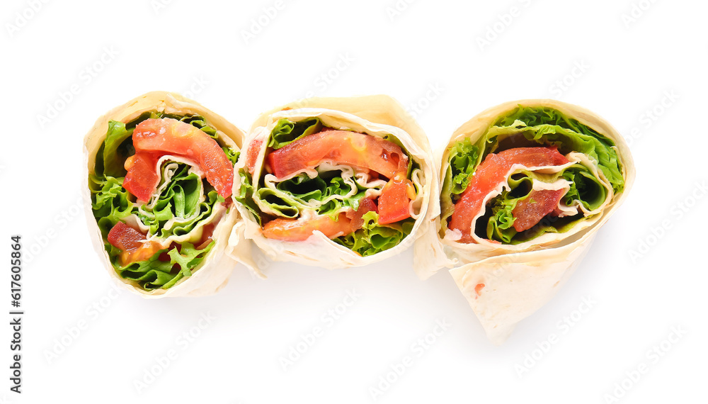 Tasty lavash rolls with tomatoes and greens isolated on white background