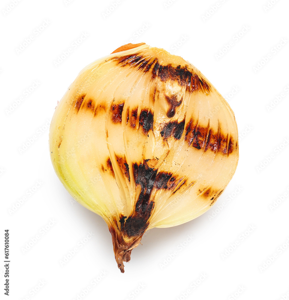 Tasty grilled onion piece on white background