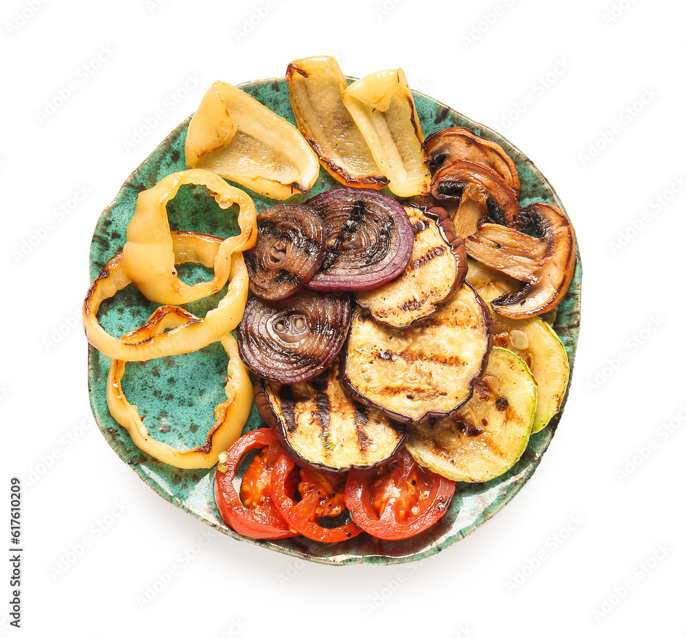 Plate with different tasty grilled vegetables on white background