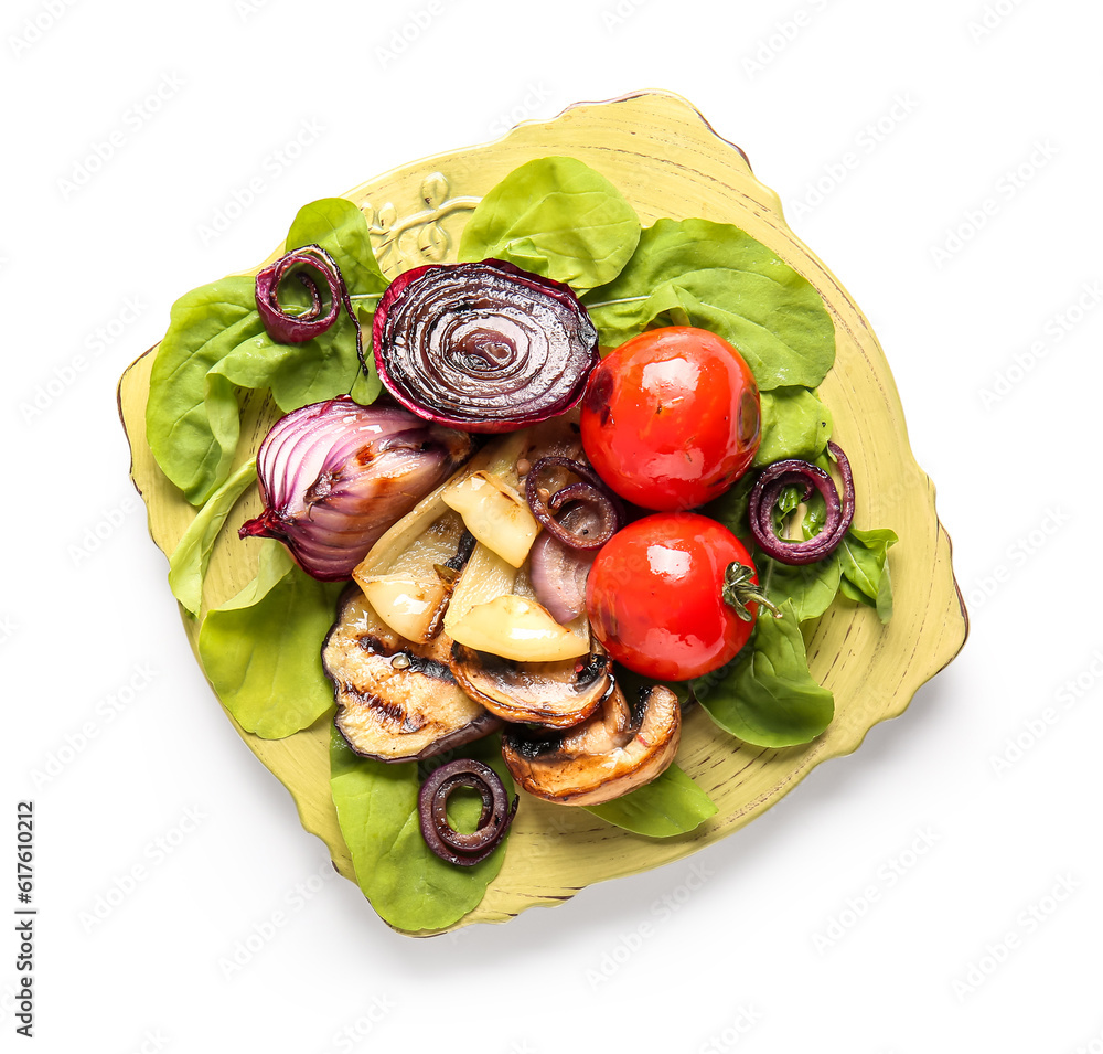 Plate with different tasty grilled vegetables on white background