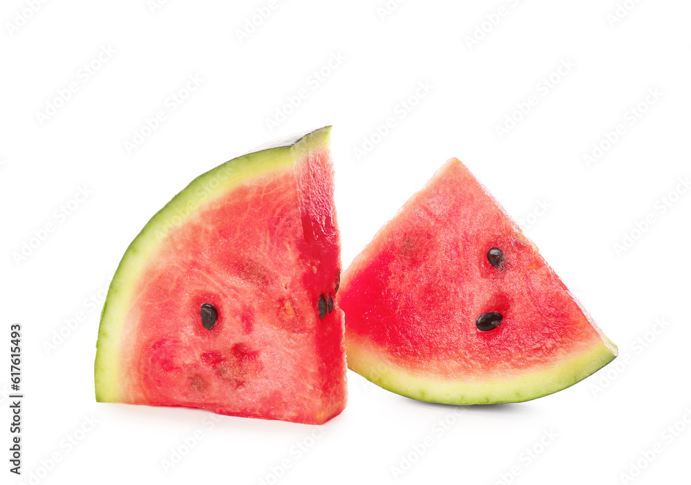 Pieces of fresh watermelon on white background