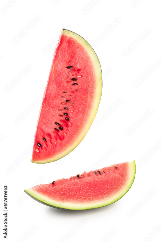 Pieces of fresh watermelon on white background