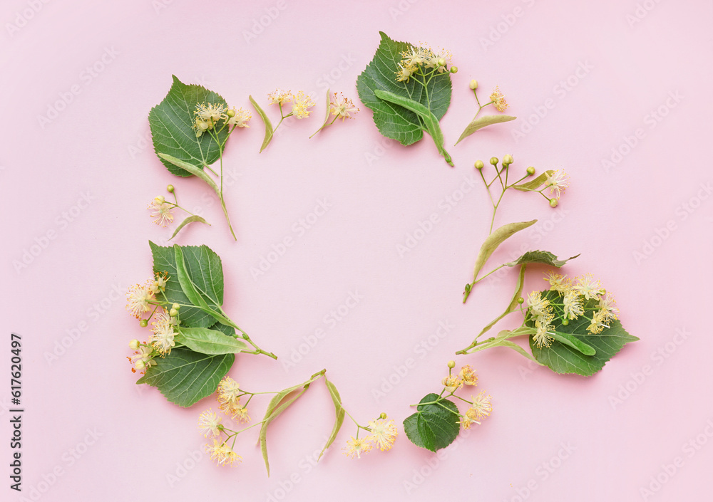 Frame made of fresh linden flowers and leaves on pink background