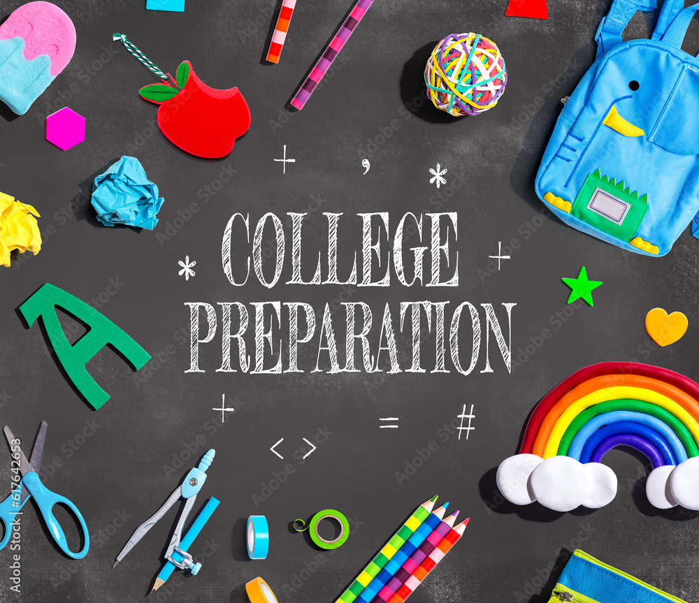 College Preparation theme with school supplies on a chalkboard - flat lay