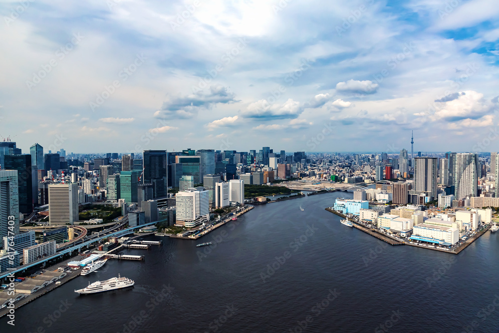 Aerial view of Odaiba Harbor in Minato City, Tokyo, Japan