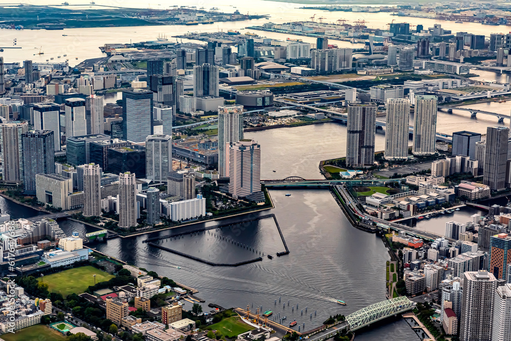 Aerial view of Odaiba Harbor in Minato City, Tokyo, Japan