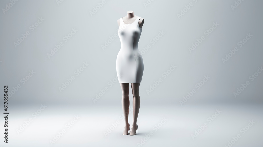 Fashionable white dress mockup on a mannequin. 