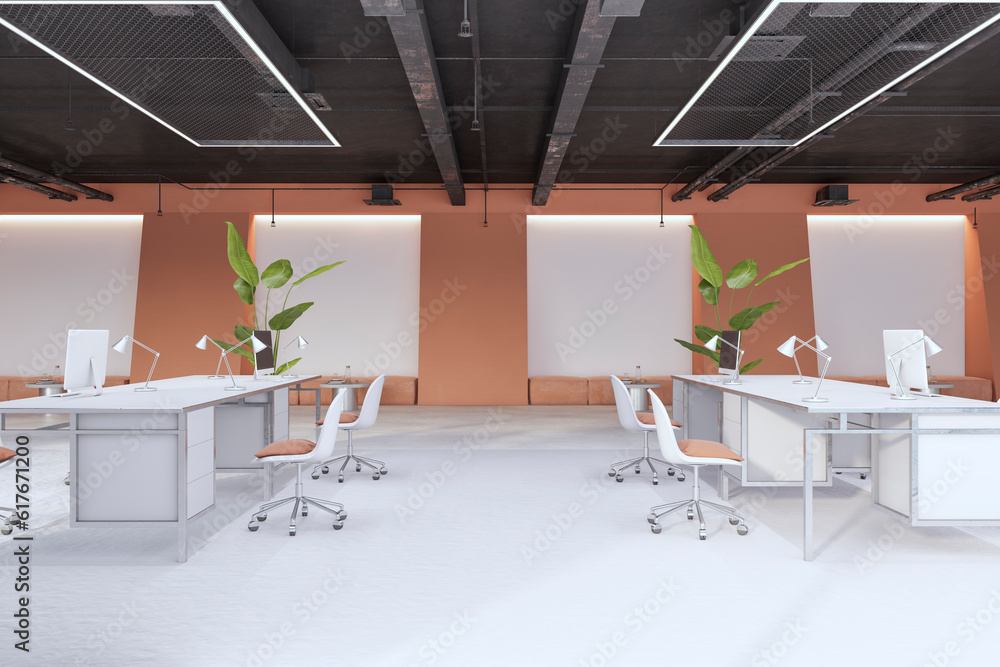 Contemporary coworking office interior with equipment and furniture. 3D Rendering.