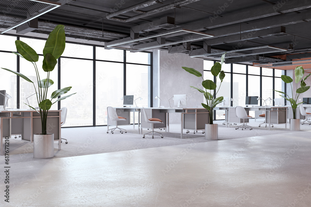 Bright coworking office interior with panoramic window and city view, equipment and furniture. 3D Re