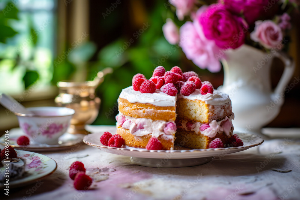 Cake with raspberries on plate with piece cut out of it. Generative AI.