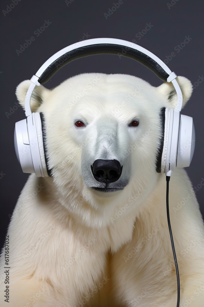 Polar bear wearing headphones and looking at the camera with sad look on its face. Generative AI.