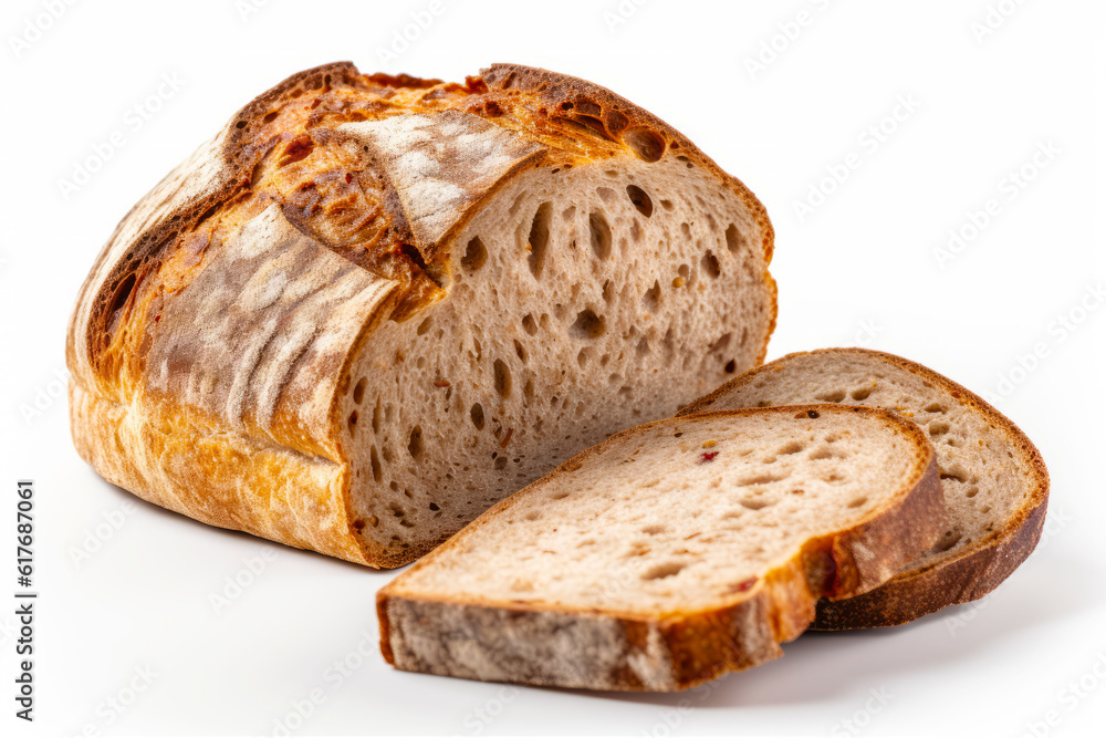 Loaf of bread sitting next to slice of bread on white surface. Generative AI.