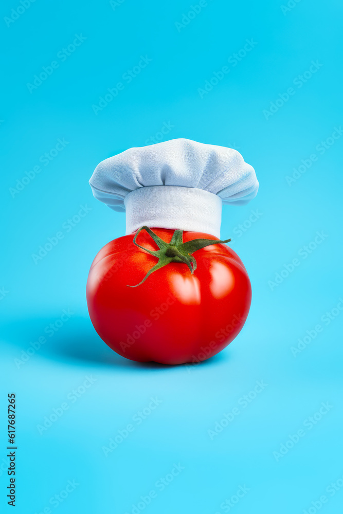 Tomato with chefs hat on top of it on blue background. Generative AI.