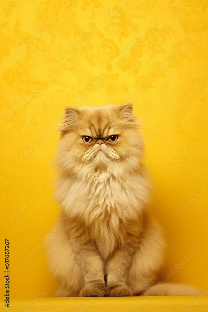 Fluffy cat sitting in front of yellow wall with sad look on its face. Generative AI.