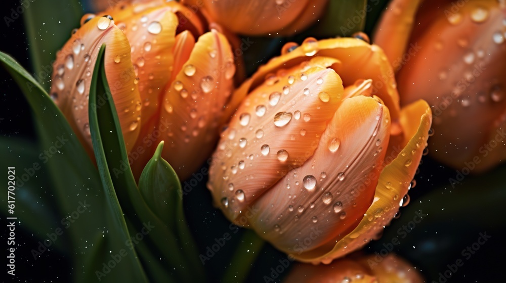 Orange Tulips flowers with water drops background. Closeup of blossom with glistening droplets. Gene