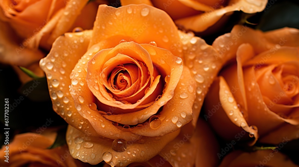 Orange Roses flowers with water drops background. Closeup of blossom with glistening droplets. Gener