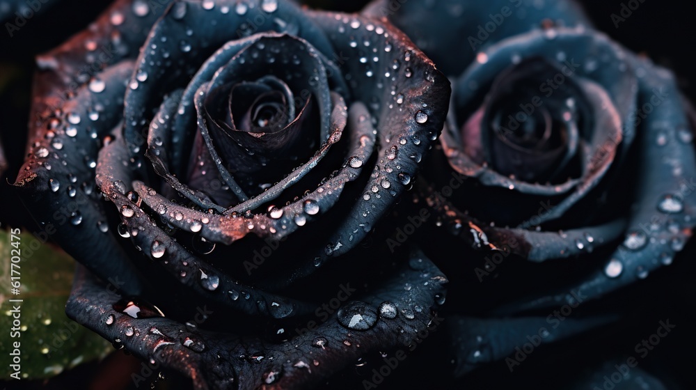 Black Roses flowers with water drops background. Closeup of blossom with glistening droplets. Genera