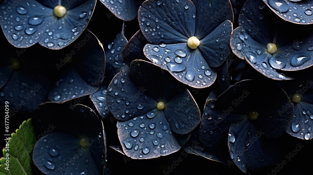 Black Hydrangeas flowers with water drops background. Closeup of blossom with glistening droplets. G