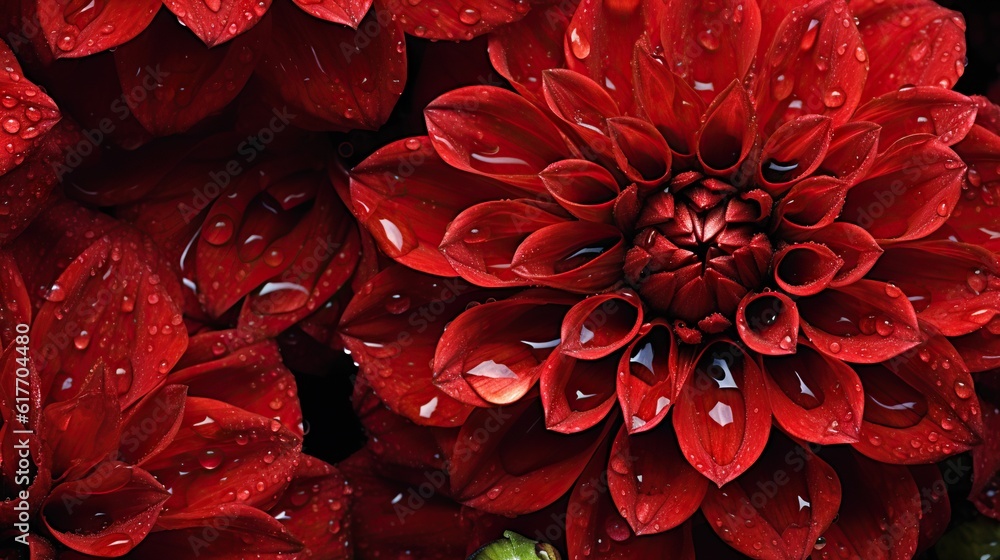 Red Dahlia flowers with water drops background. Closeup of delicate blossom with glistening droplets