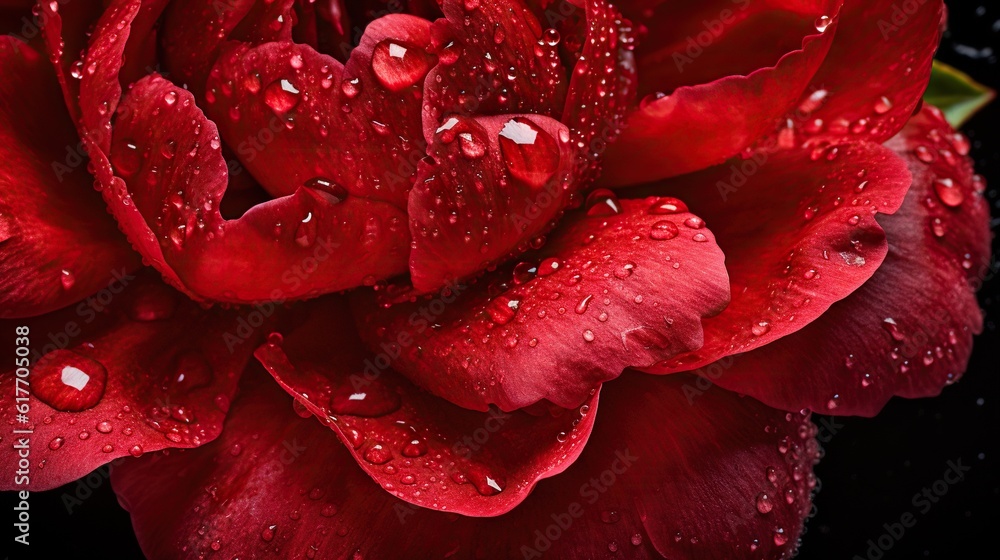 Red Peony flowers with water drops background. Closeup of blossom with glistening droplets. Generati