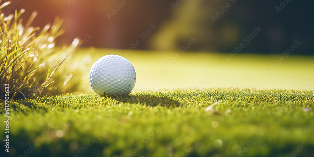 Close-up of golf ball on green grass of golf course, sunny day, blurred backdrop. Generative AI