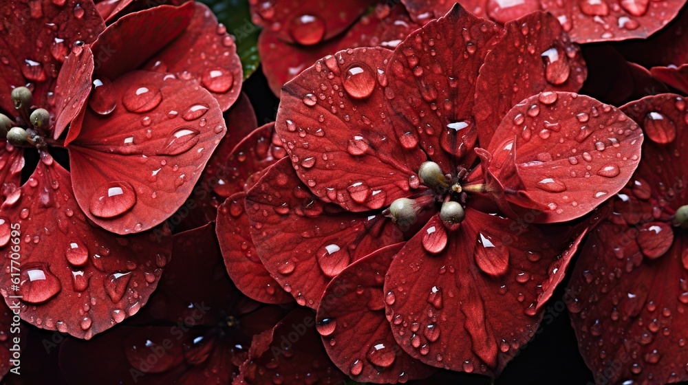 Red Hydrangeas flowers with water drops background. Closeup of blossom with glistening droplets. Gen