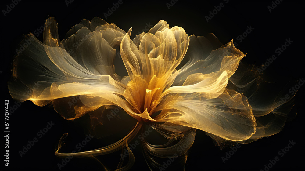 Golden x-ray image of a ethereal flower on black. Fantasy mystical blossom. Generative AI