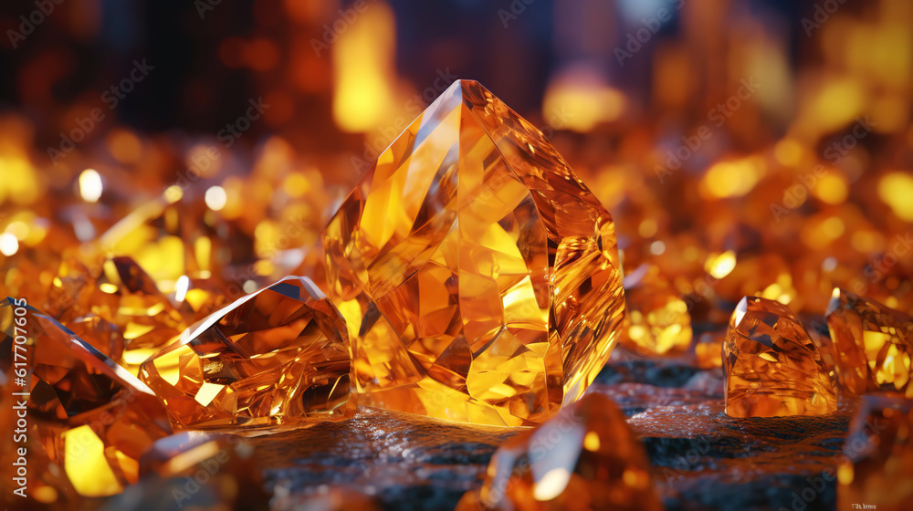 Amazing bright and shiny Amber crystal cluster background. Jewel mineral detailed macro. Generative 