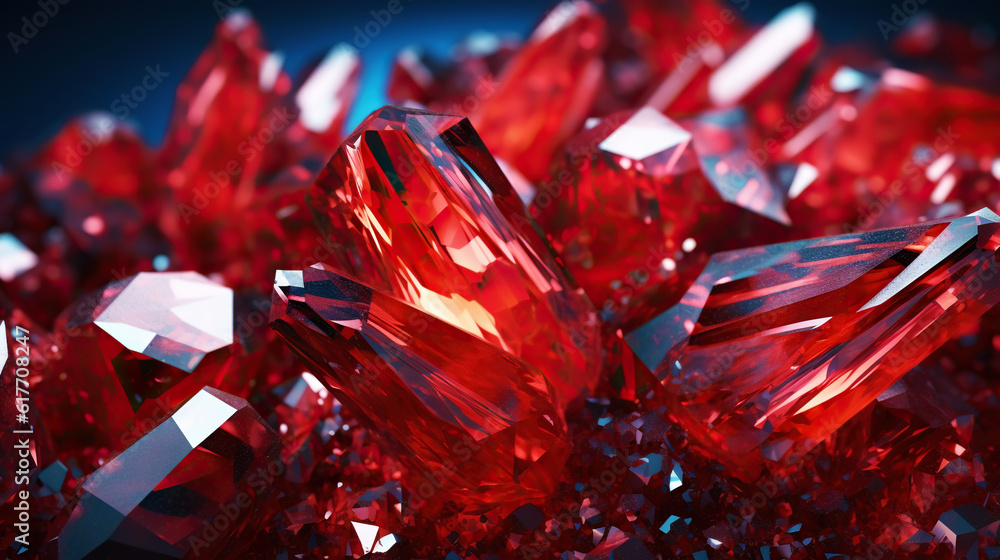 Amazing bright and shiny Realgar crystal cluster background. Jewel mineral detailed macro. Generativ