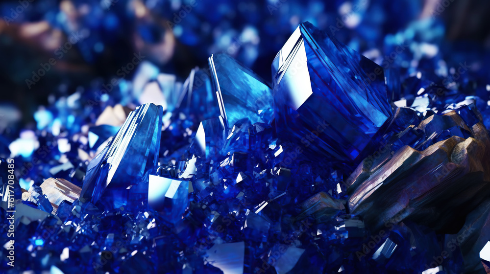 Amazing bright and shiny Azurite crystal cluster background. Jewel mineral detailed macro. Generativ