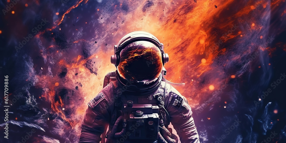 Portrait of astronaut floating in space with a asteroids, space rocks, burning sparks on backdrop. G