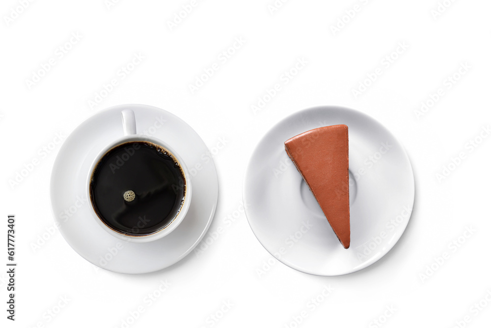 Coffee mug with chocolate cake, top view, isolated  PNG transparent