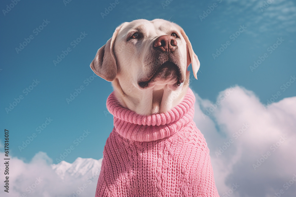 Fantasy generated ai collage of fashionable weird person with yellow labrador dog face look up into 