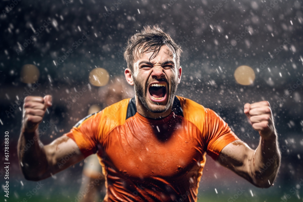 Portrait of champion athlete on stadium , emotions of a winner, joy, delight, emotional, rain, splas