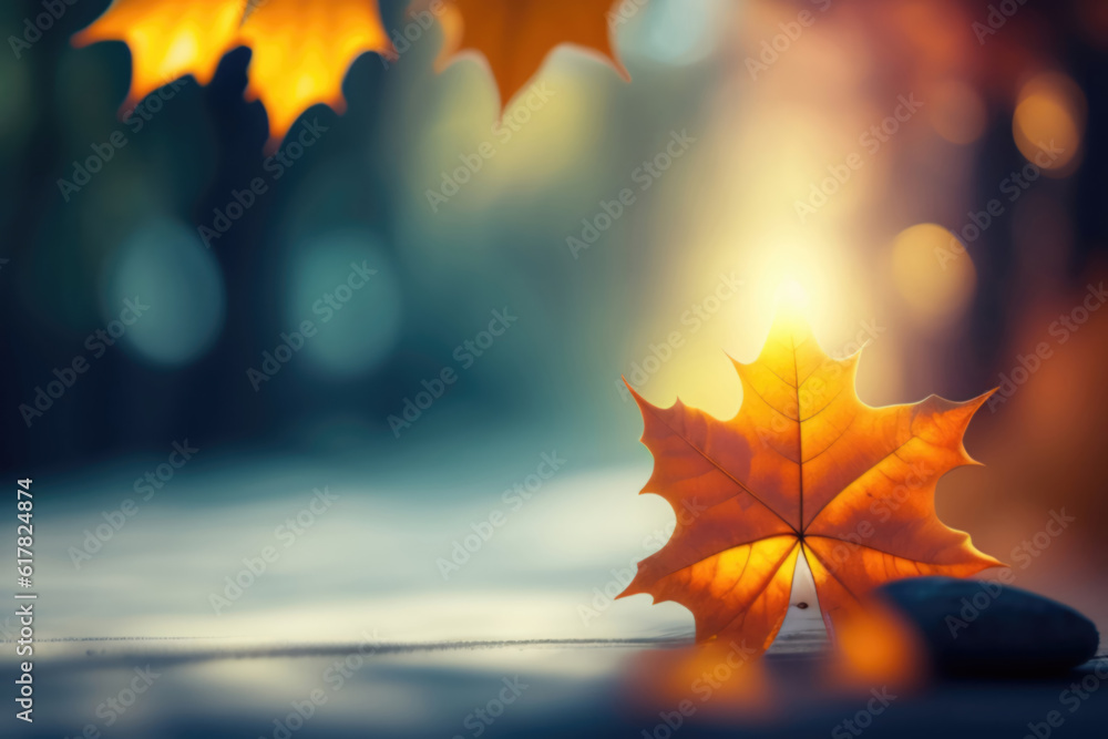 Beautiful orange autumn maple leaf close up in natural park with soft focus in sunlight. AI generate