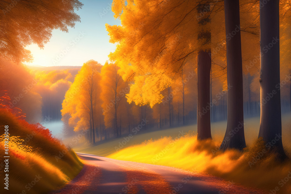 Picturesque natural autumn landscape with sun, road and beautiful trees with red and orange foliage.