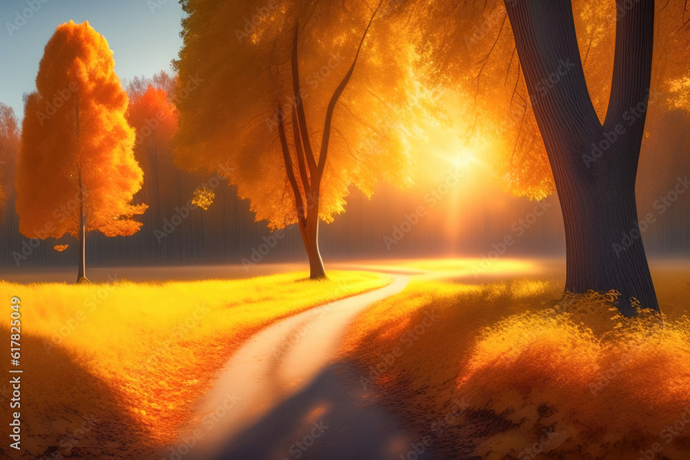 Picturesque natural autumn landscape with sun, road and beautiful trees with red and orange foliage.