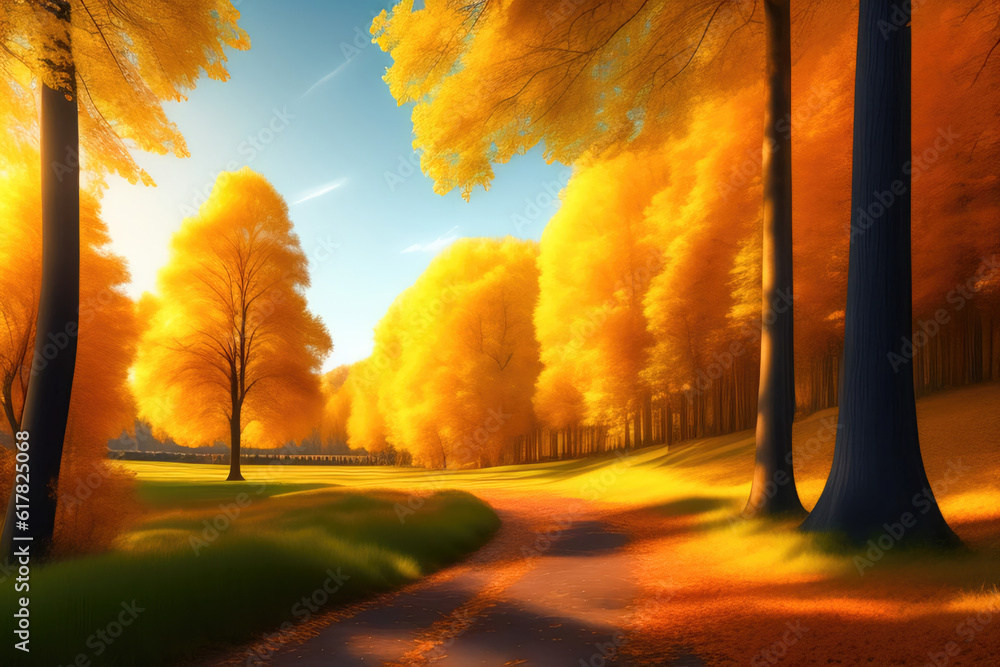 Picturesque natural autumn landscape with sun, blue sky, road and beautiful trees with red and orang