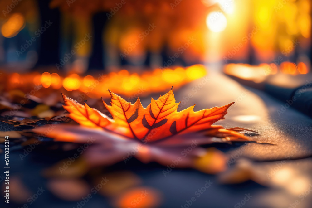 Beautiful orange autumn maple leaf close up in natural park with soft focus in sunlight. AI generate