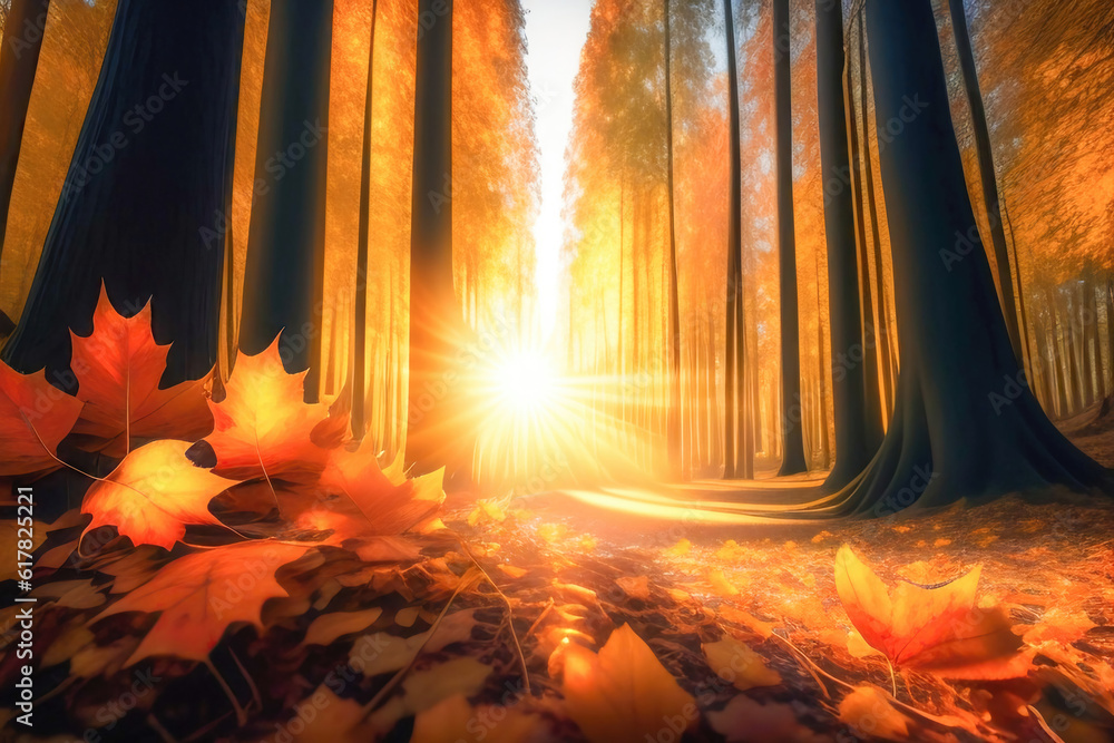 Picturesque natural autumn landscape with the sun in the forest and a mountain of orange leaves. AI 