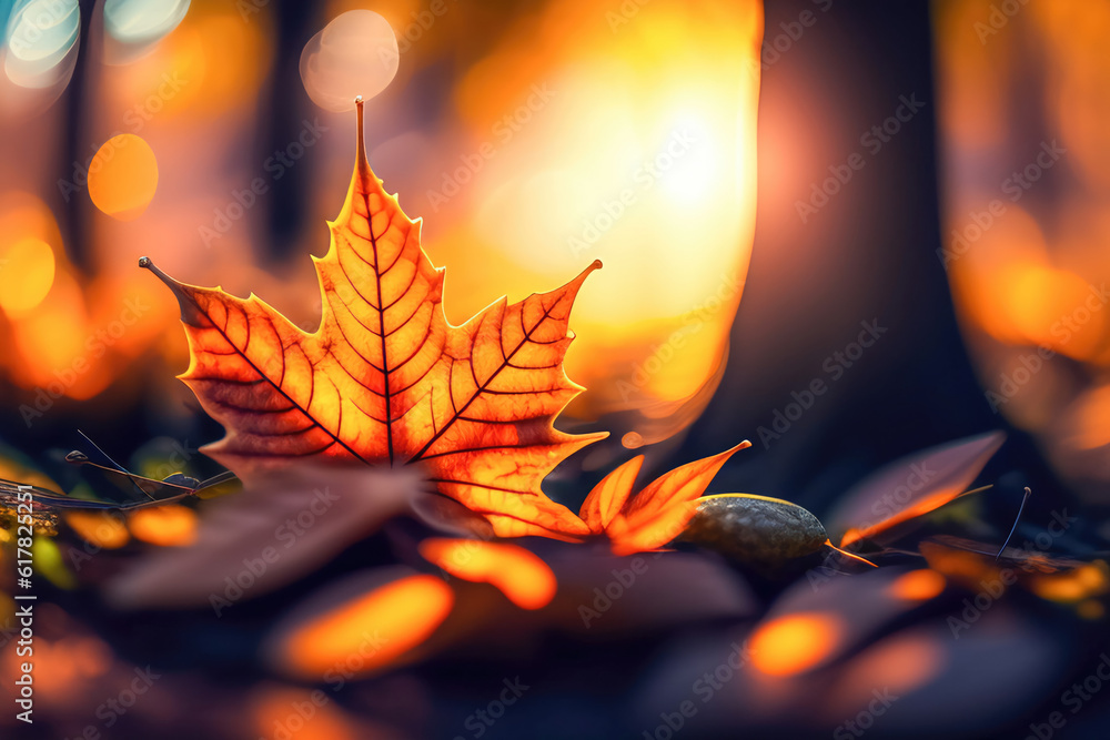 Beautiful orange autumn maple leaf close up in natural park with soft focus in sunlight. AI generate