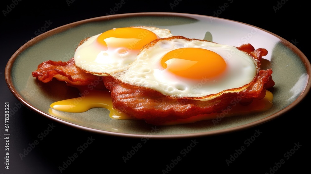 Fried egg and pork. Illustration AI Generative.