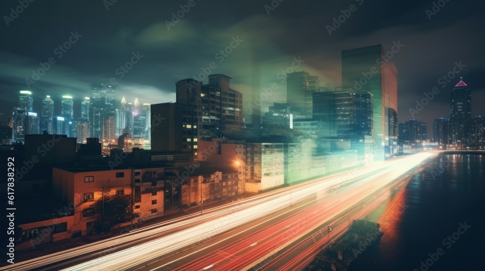 Night traffic city street. Illustration AI Generative.