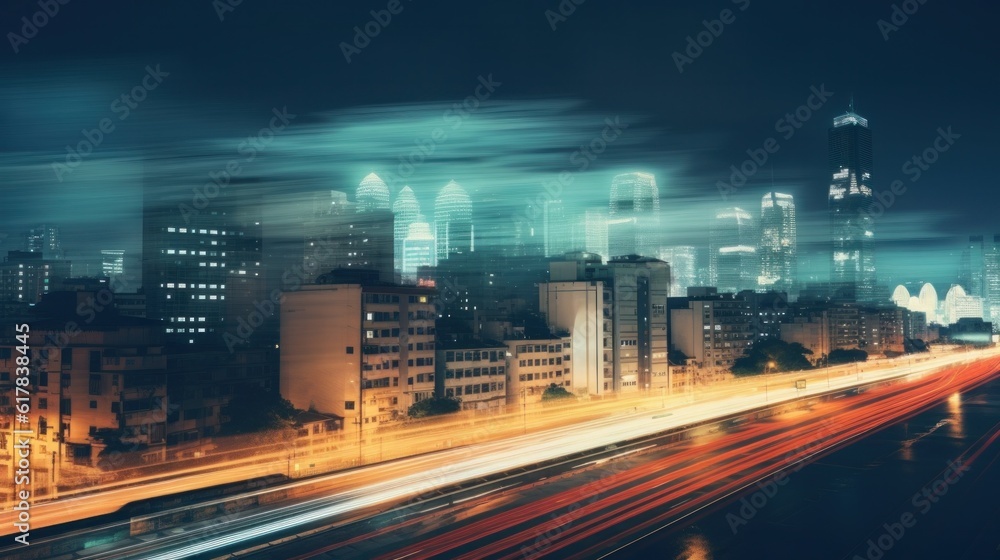 Night traffic city street. Illustration AI Generative.