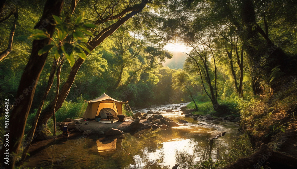 Tranquil scene of a tent in the forest, surrounded by nature generated by AI