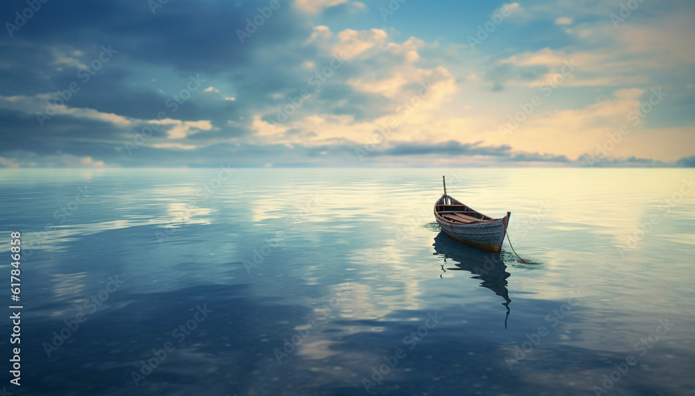 Tranquil sunset on blue seascape, sailboat and fishing boat abandoned generated by AI