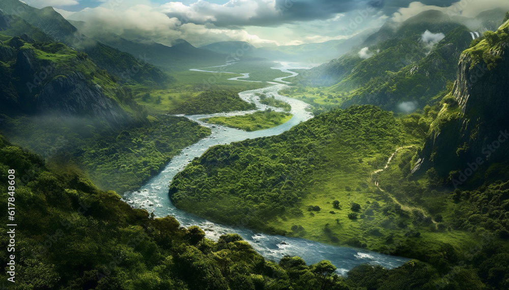 Majestic mountain range, blue sky, green trees, flowing water generated by AI